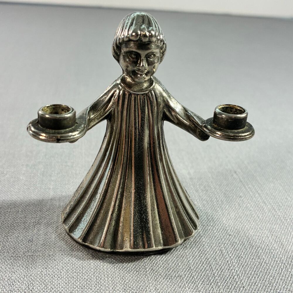 Vintage Pewter Child Angel Double Chamberstick Candle Holder Figurine 3 Inch
